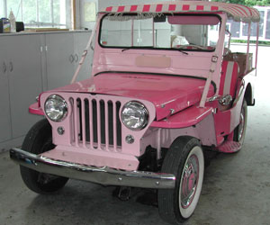 Pink 60 Jeep CJ3 getting it's summer service at Van's Garage